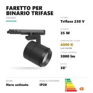 Gea luce gfa990c faretto per binario trifase led 35w 4000k cilindrico nero satinato