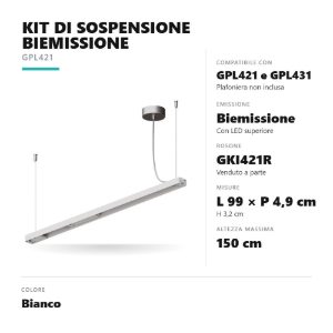 Gea luce gki421p kit di sospensione con led superiore per plafoniere gpl421 gpl431 bianco