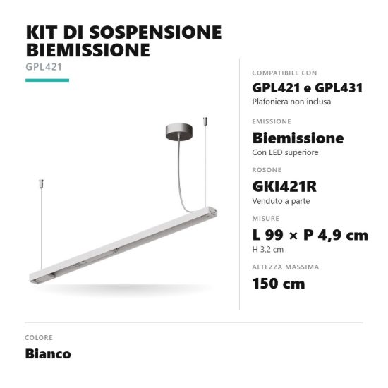 Gea luce gki421p kit di sospensione con led superiore per plafoniere gpl421 gpl431 bianco