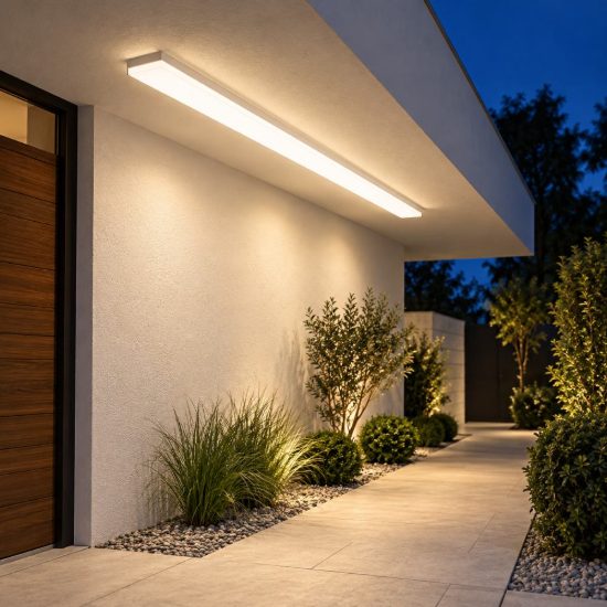 Gea luce gpl421 plafoniera da esterno lineare bianca microprismatica led 28-40w cct 3000-6000k