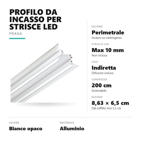 Gea luce gprpb1 profilo praga da incasso perimetrale per cartongesso per strisce led 2mt bianco