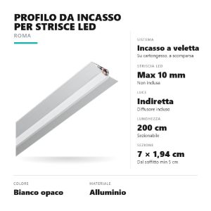 Gea luce gropb1 profilo roma da incasso a veletta per cartongesso per strisce led 2mt bianco