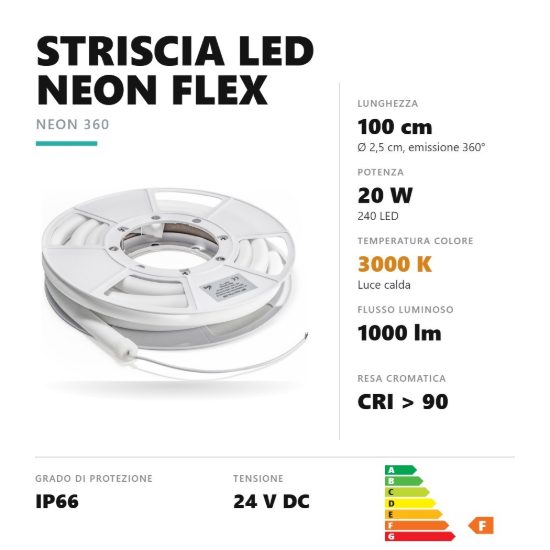 Gea luce gst200c striscia led neon flex 360 20w 3000k 24v ip66 1mt