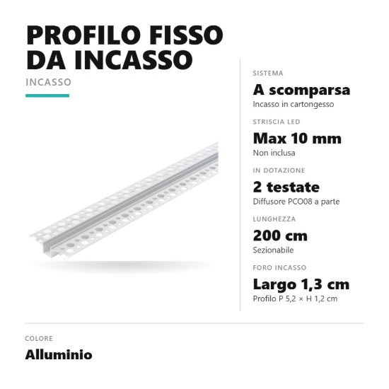 Gea luce gstp240 profilo fisso da incasso per cartongesso per strisce led 2mt alluminio