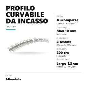 Gea luce gstp241 profilo curvabile da incasso per cartongesso per strisce led 2mt alluminio