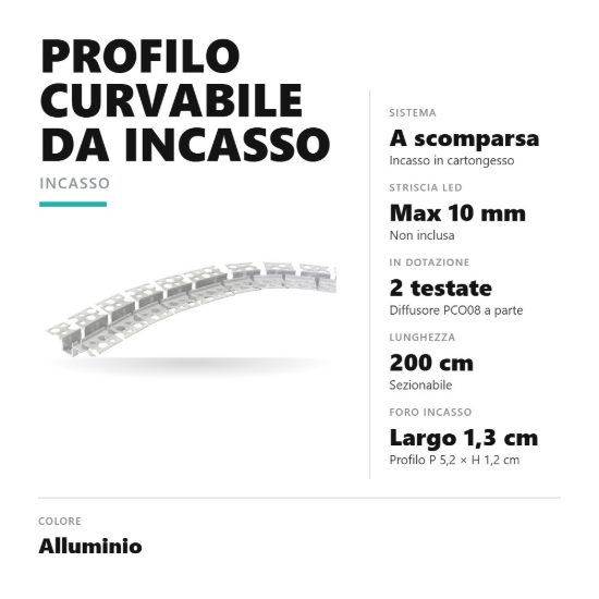 Gea luce gstp241 profilo curvabile da incasso per cartongesso per strisce led 2mt alluminio