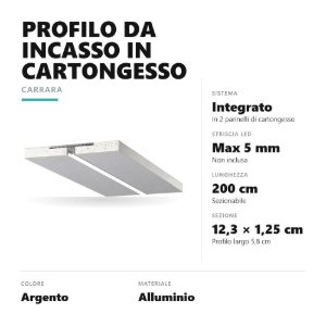 Gea luce pcapa1 profilo carrara p incasso cartongesso per strisce led 2mt argento confezione 2 pezzi