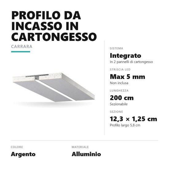 Gea luce pcapa1 profilo carrara p incasso cartongesso per strisce led 2mt argento confezione 2 pezzi