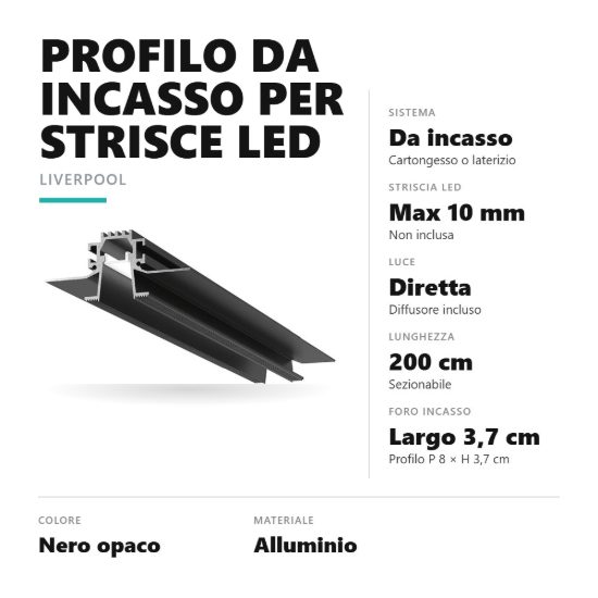 Gea luce pliprbg profilo liverpool rp da incasso per strisce led 2mt nero