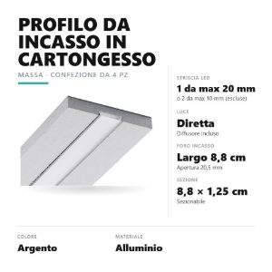 Gea luce pmapa2 profilo massa g incasso cartongesso per strisce led 2mt argento confezione 4 pezzi
