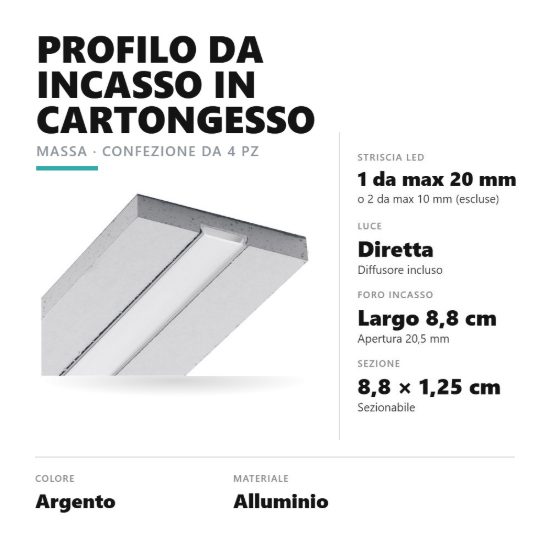 Gea luce pmapa2 profilo massa g incasso cartongesso per strisce led 2mt argento confezione 4 pezzi