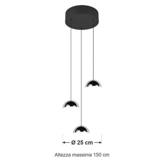 Lampadario 3 luci per soggiorno led 15w 4000k rotondo nero con sfere cromate bianche