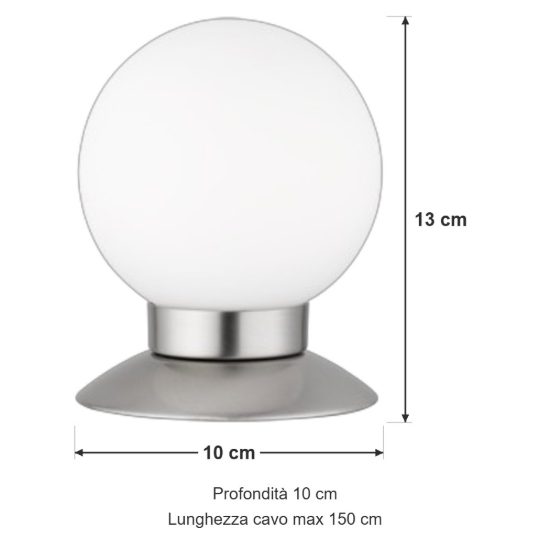 Abat-jour per comodino led 3w 3000k dimmerabile sfera nichel opaco vetro