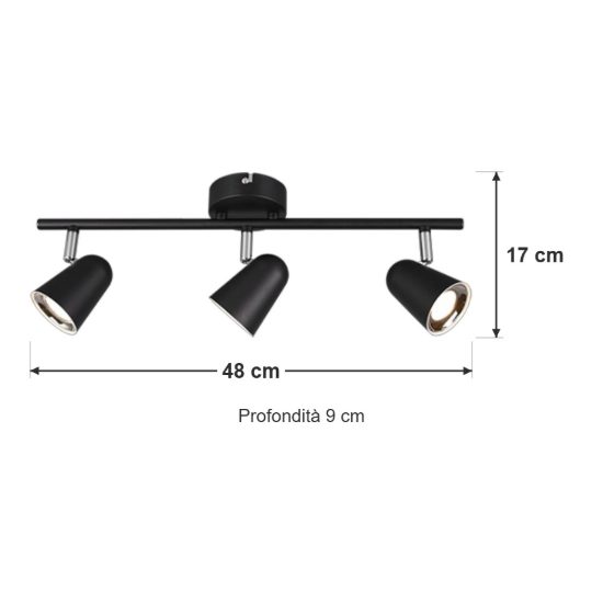 Plafoniera con 3 faretti orientabili led 3x3,5w 3000k nero