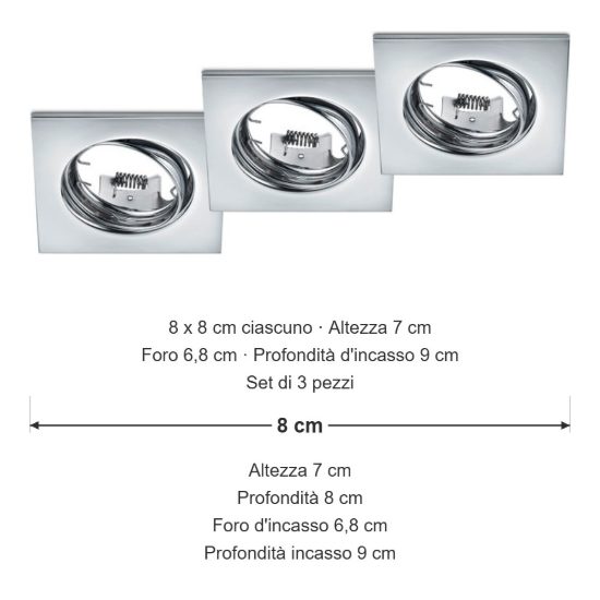 Set 3 faretti da incasso per cartongesso orientabili quadrati cromo