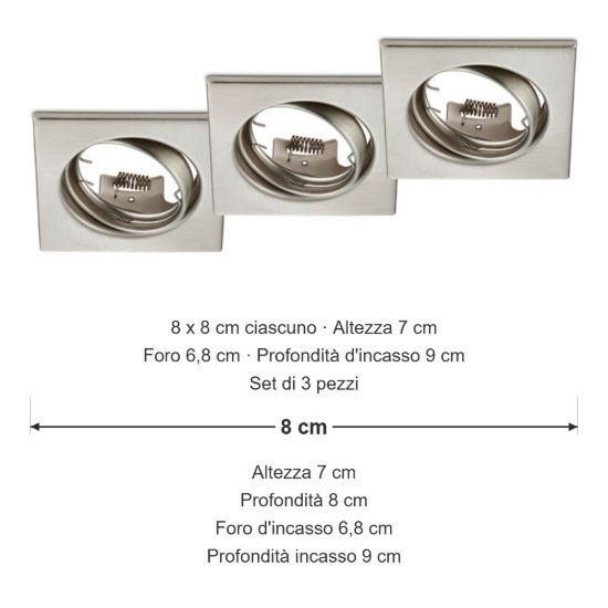 Set 3 faretti da incasso per cartongesso orientabili quadrati nichel opaco