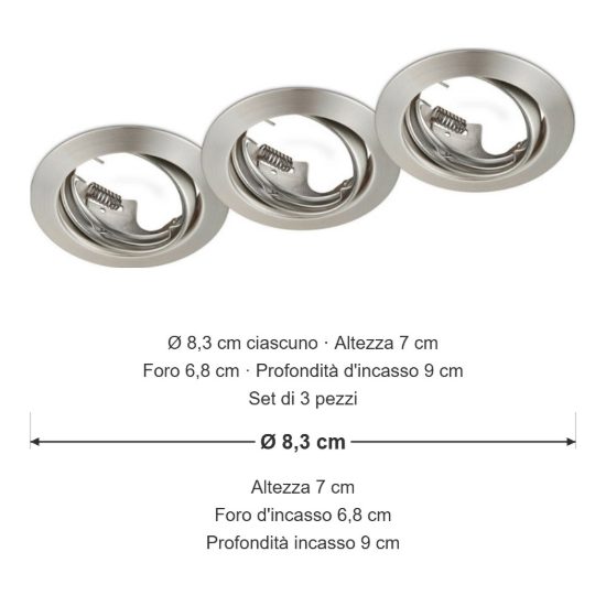 Set 3 faretti da incasso per cartongesso orientabili rotondi nichel opaco