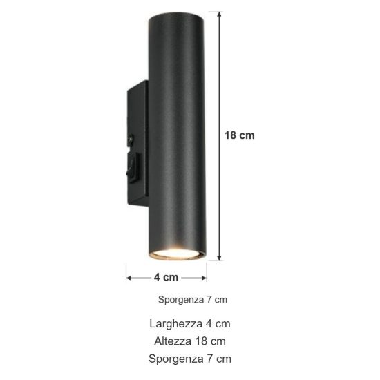 Applique per comodino camera da letto bi-emissione moderna cilindrica nera con interruttore
