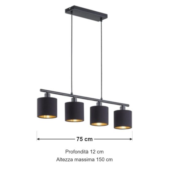 Lampadario per tavolo da pranzo a sospensione nero opaco 4 luci