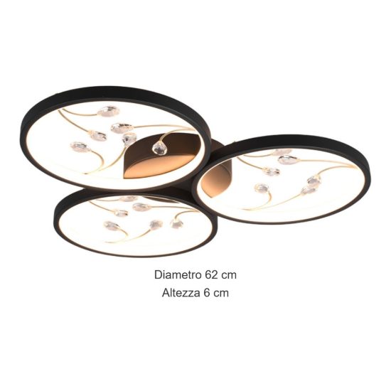 Plafoniera led 30w 3000k per soggiorno moderna a 3 cerchi nera con decori a gemme trasparenti