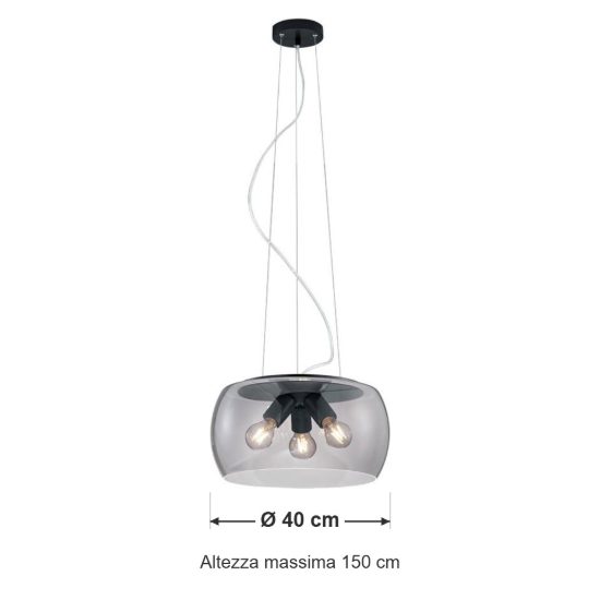 Lampadario a sospensione 3 luci per sala da pranzo moderno nero con ampio paralume in vetro fume