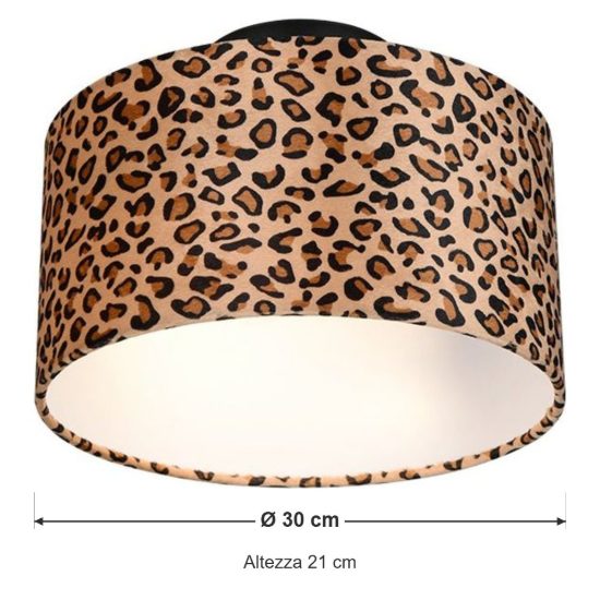 Plafoniera 2 luci moderna nera con paralume in tessuto leopardato