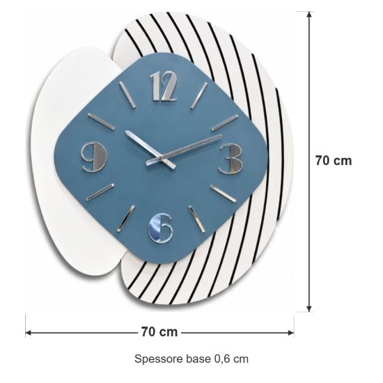 Orologio da parete moderno resina blu legno chiaro per cucina dettagli argento lucido