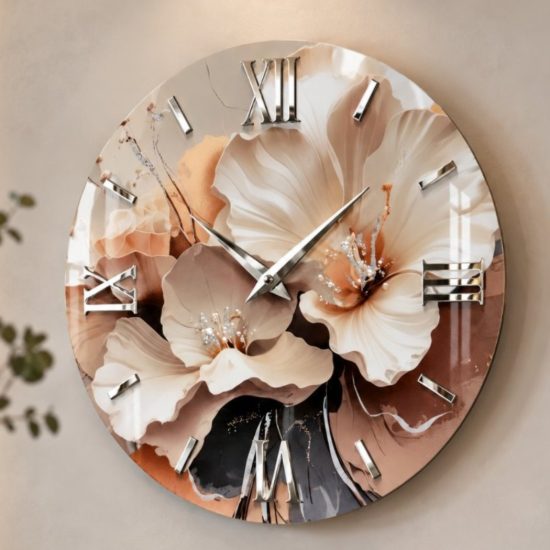 Orologio rotondo a parete moderno design floreale in resina dettagli argento 40cm