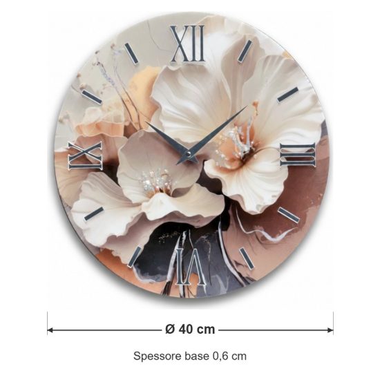 Orologio rotondo a parete moderno design floreale in resina dettagli argento 40cm