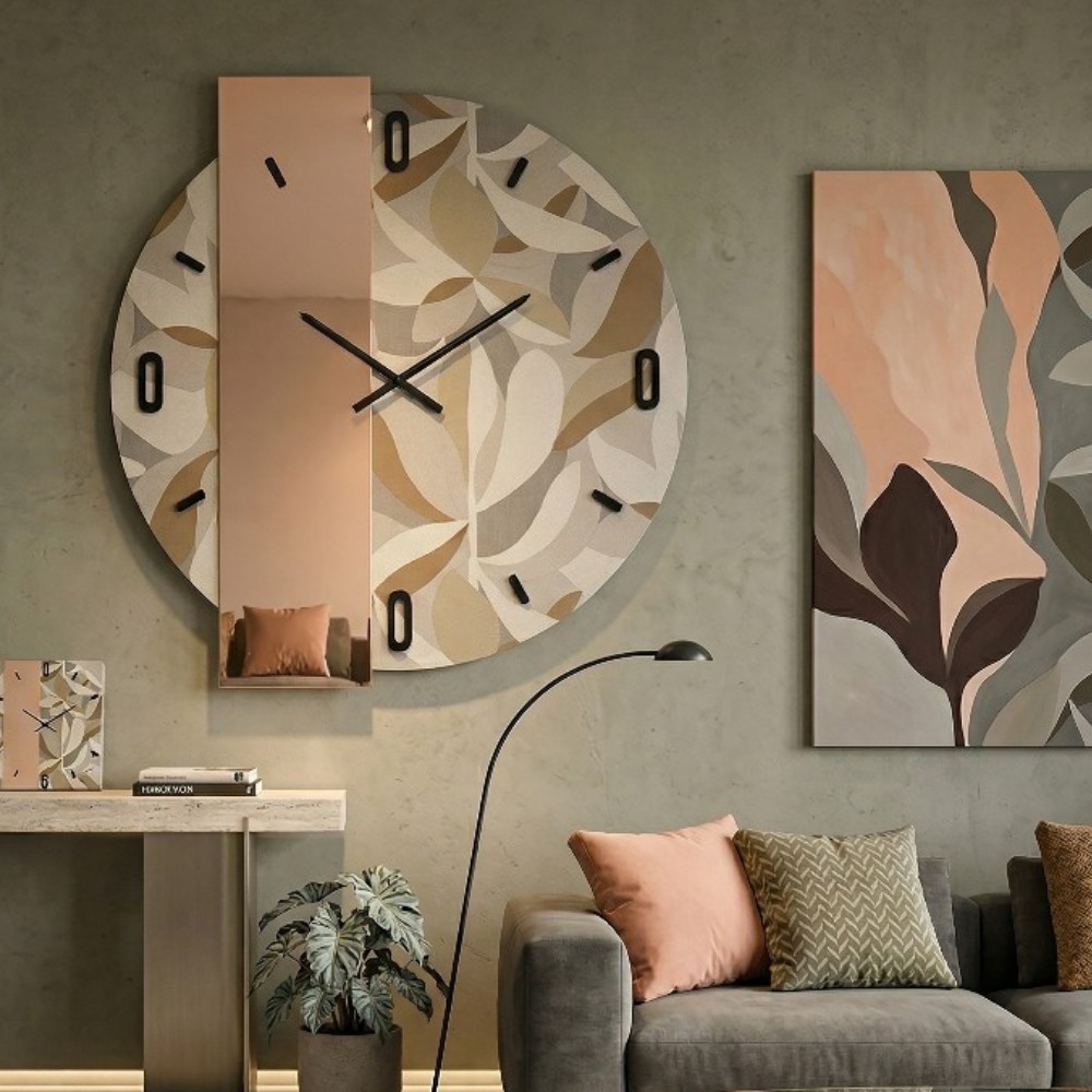 Orologio da parete con specchio colorato e carta da parati botanica