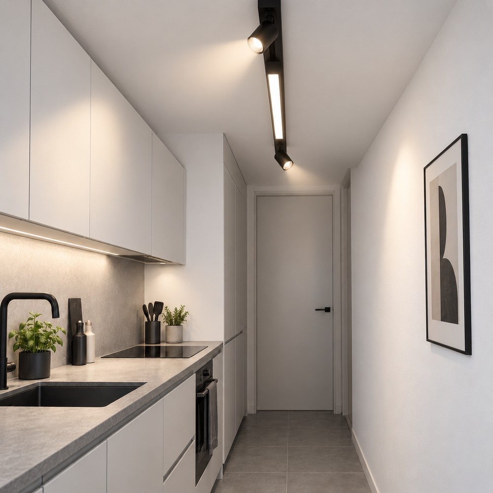 Cucina stretta con faretti orientabili su barra a soffitto puntati sul piano e sulla parete