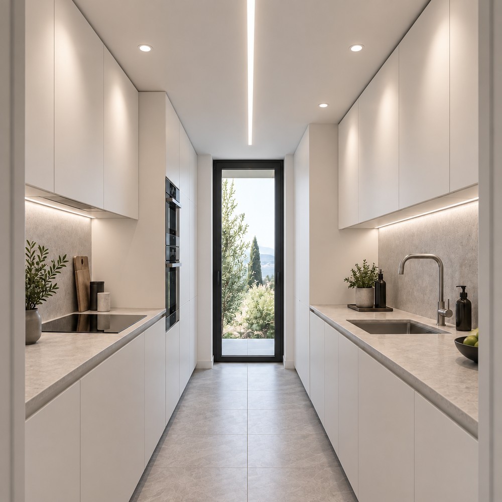 Cucina piccola con faretti da incasso allineati e profilo lineare LED continuo nel controsoffitto
