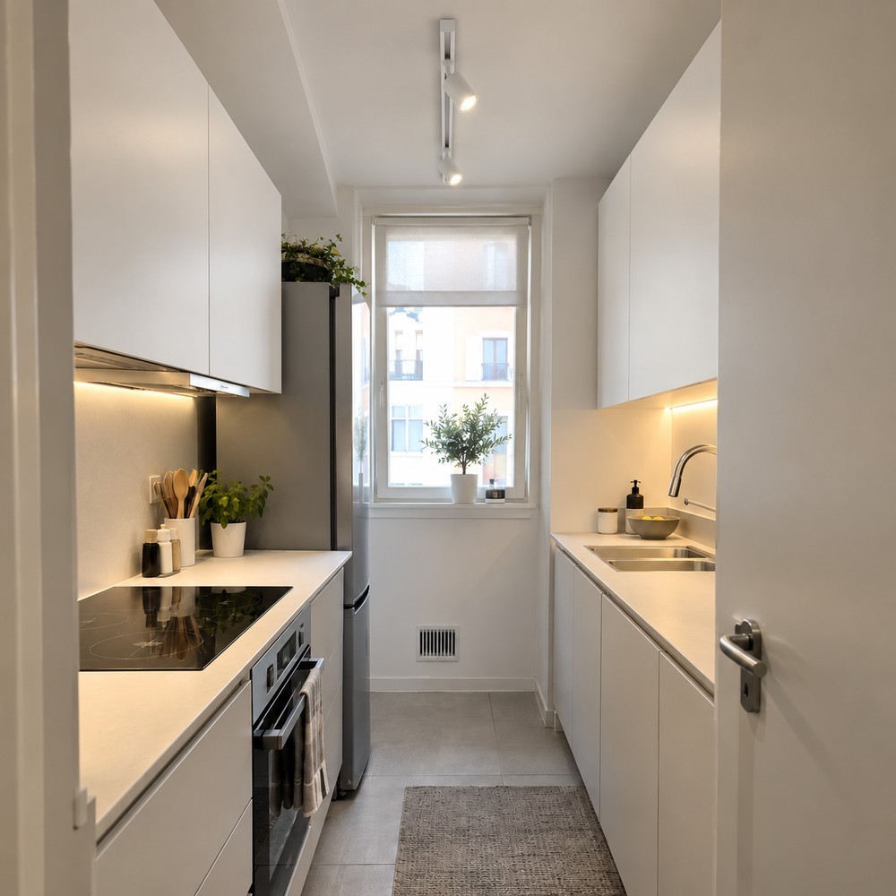 Cucina parallela stretta con barra di faretti a soffitto e sottopensile acceso su entrambi i lati