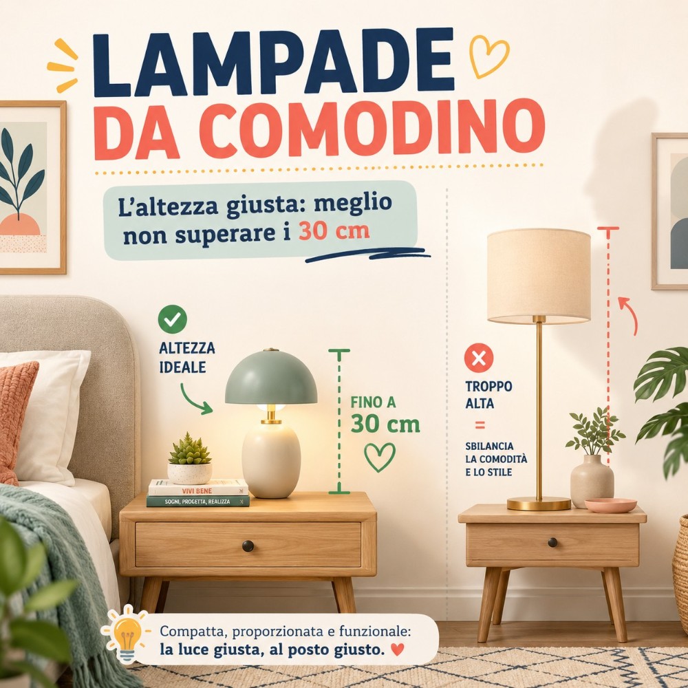 Altezza giusta della lampada da comodino: fino a 30 cm, una lampada troppo alta sbilancia comodità e stile