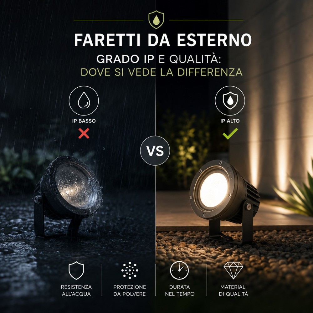Faretto da esterno con grado IP adeguato e qualità costruttiva: niente ruggine né condensa interna