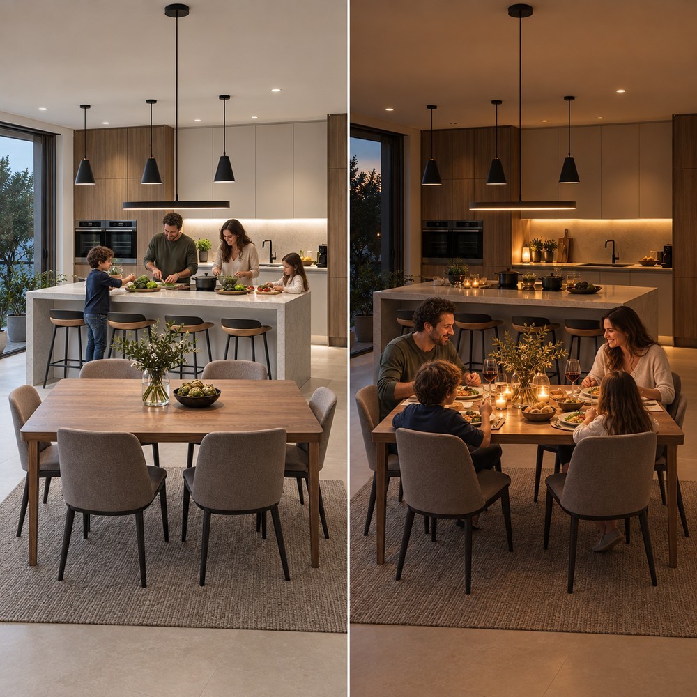 La stessa cucina grande in due scene di luce: a sinistra la scena cucinare, a destra la scena cena