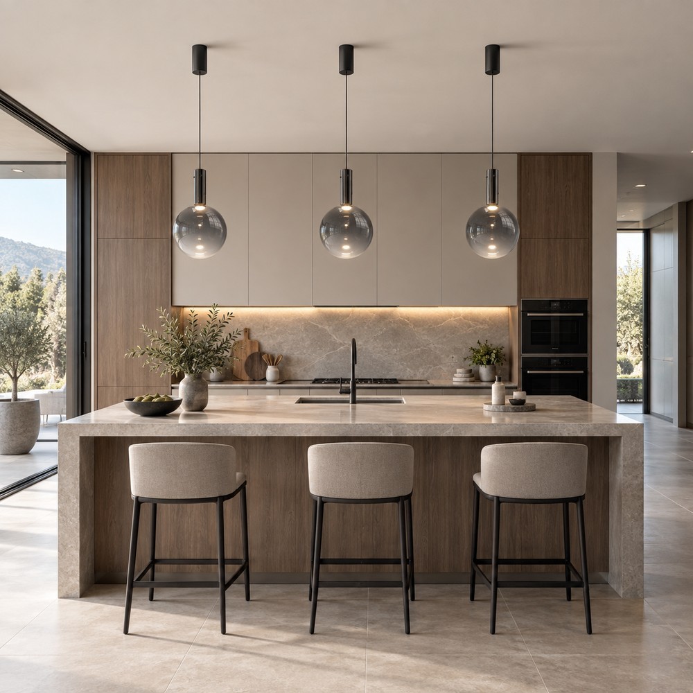 Cucina grande con tre sospensioni allineate sull’asse dell’isola e sottopensile acceso sul perimetro