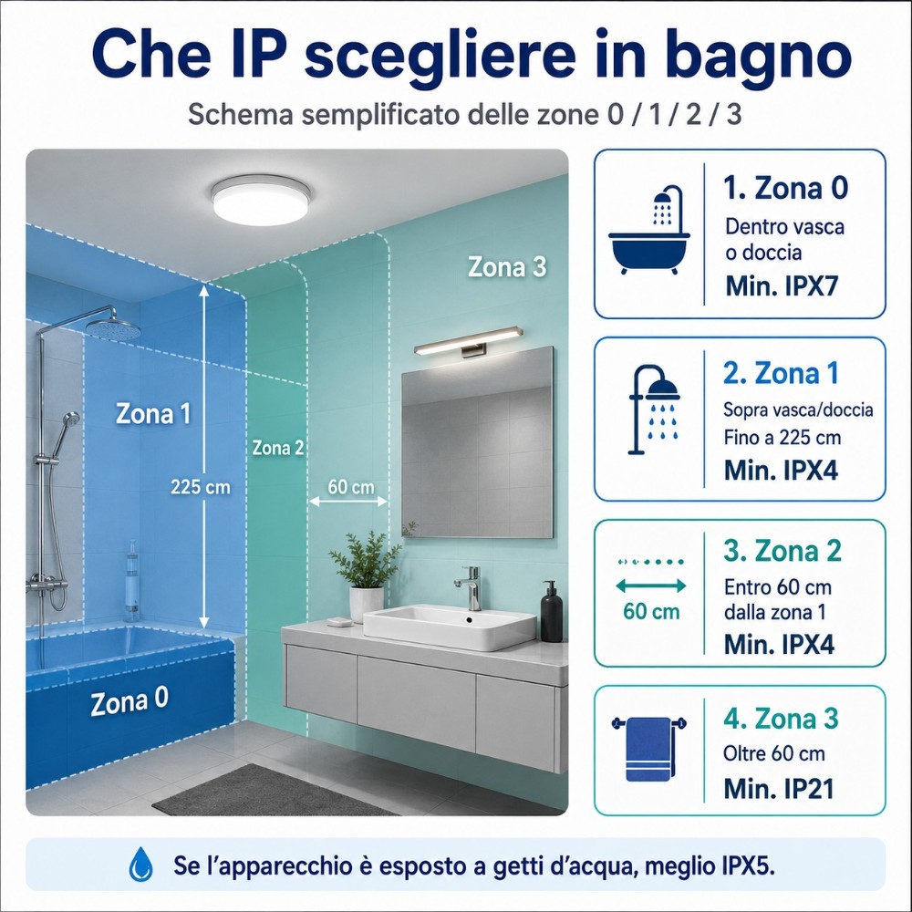 Illuminazione da bagno con grado di protezione IP adatto alle zone vicino all'acqua