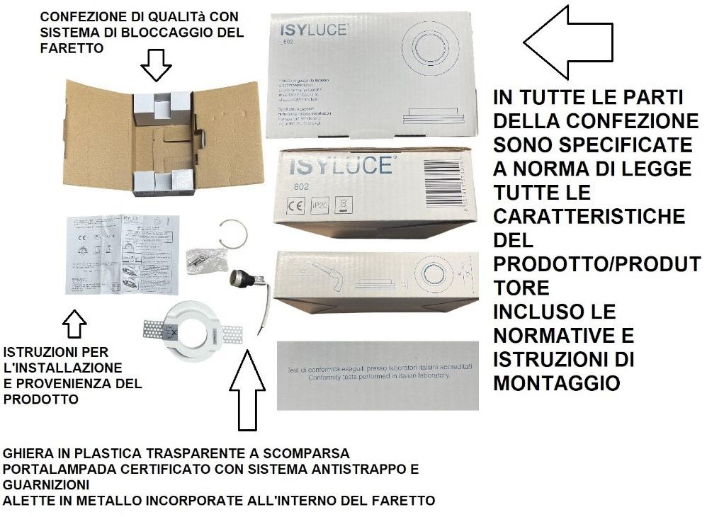 Faretto in gesso da incasso del marchio Isyluce, completo di confezione con certificazioni e materiali di alta qualità