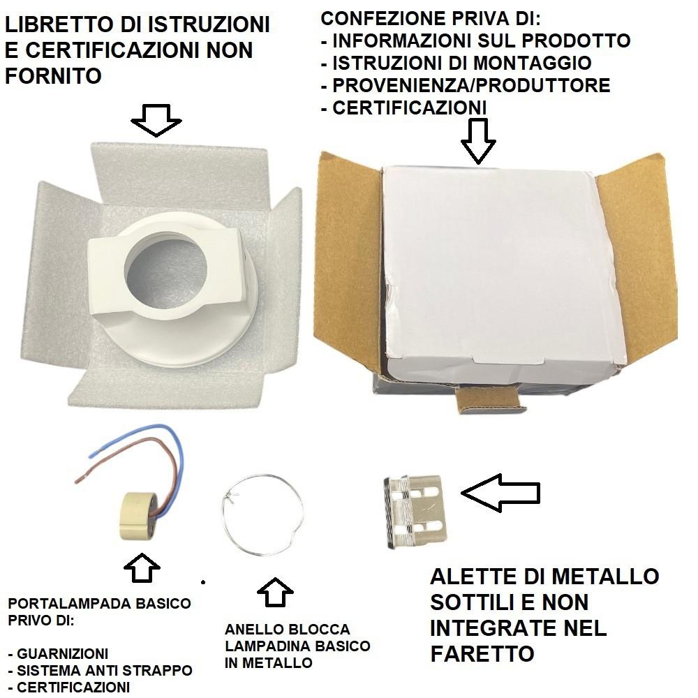 Dettaglio del faretto da incasso economico acquistato su marketplace con confezione anonima e componenti di bassa qualità