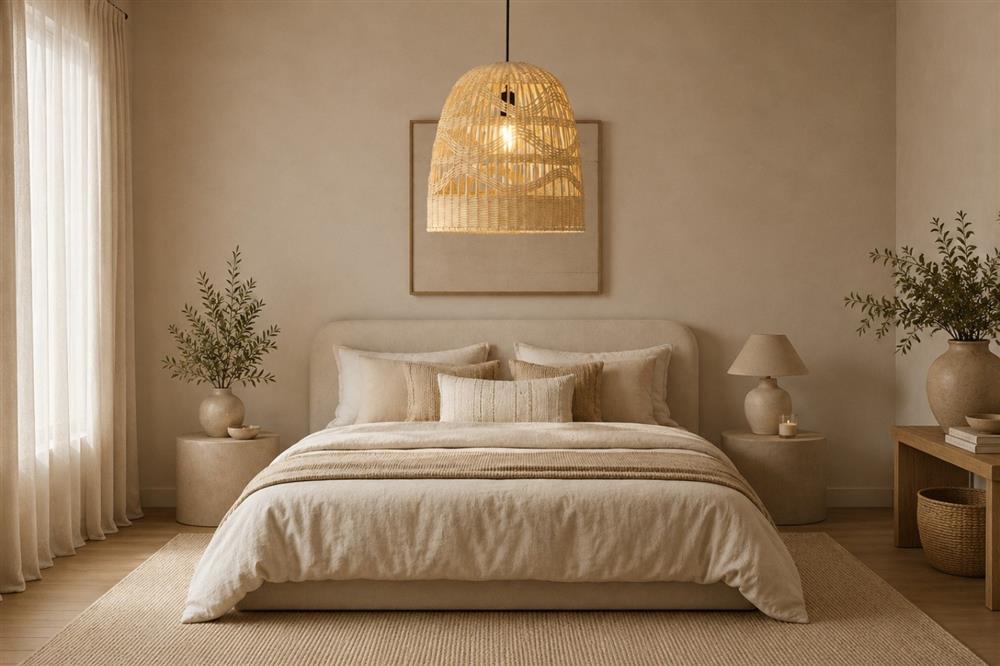 Lampadario in rattan a sospensione in camera da letto