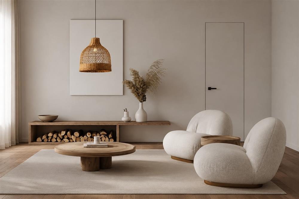 Lampadario in rattan in zona relax del soggiorno