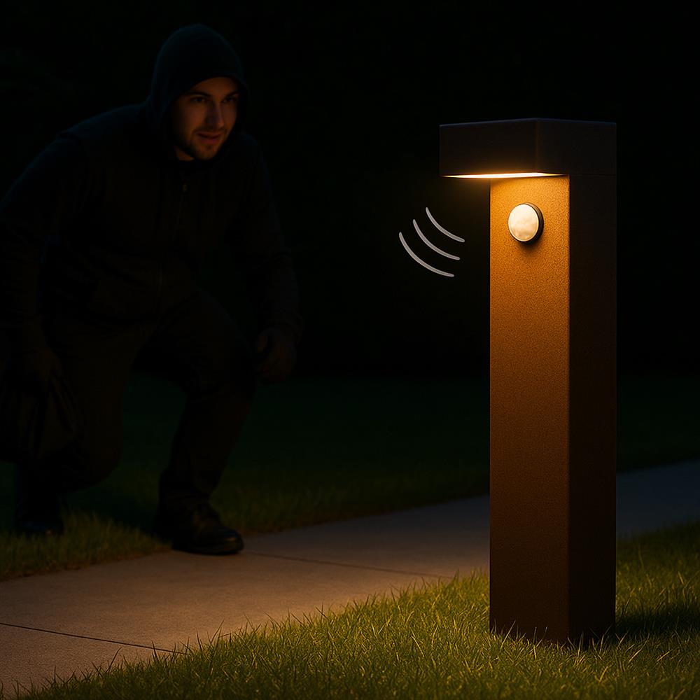 Illuminazione esterna con sensori per garantire sicurezza in un giardino di sera