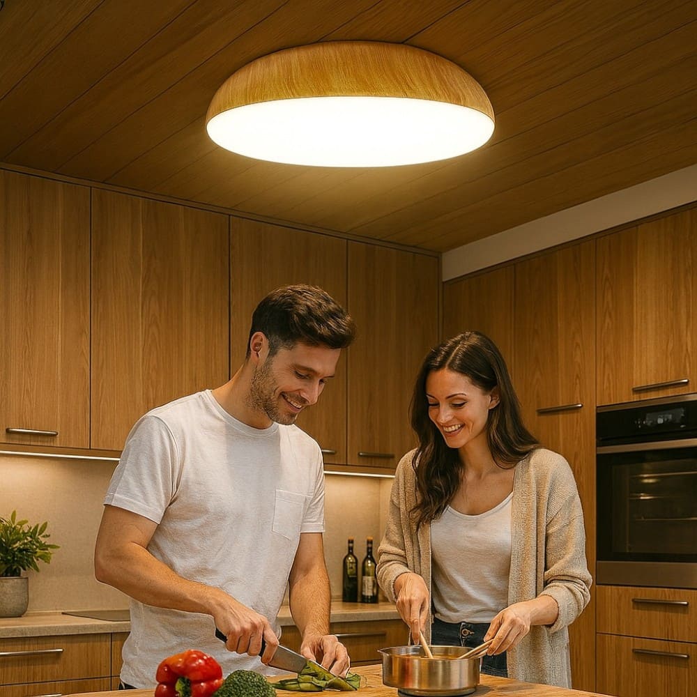 Plafoniera Wood effetto legno da 38 cm selezionata da Mazzola Luce