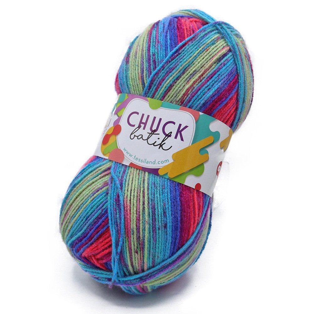 Gomitolo Chuck Batik di Tessiland multicolore con rossi, fucsia, blu e verde
