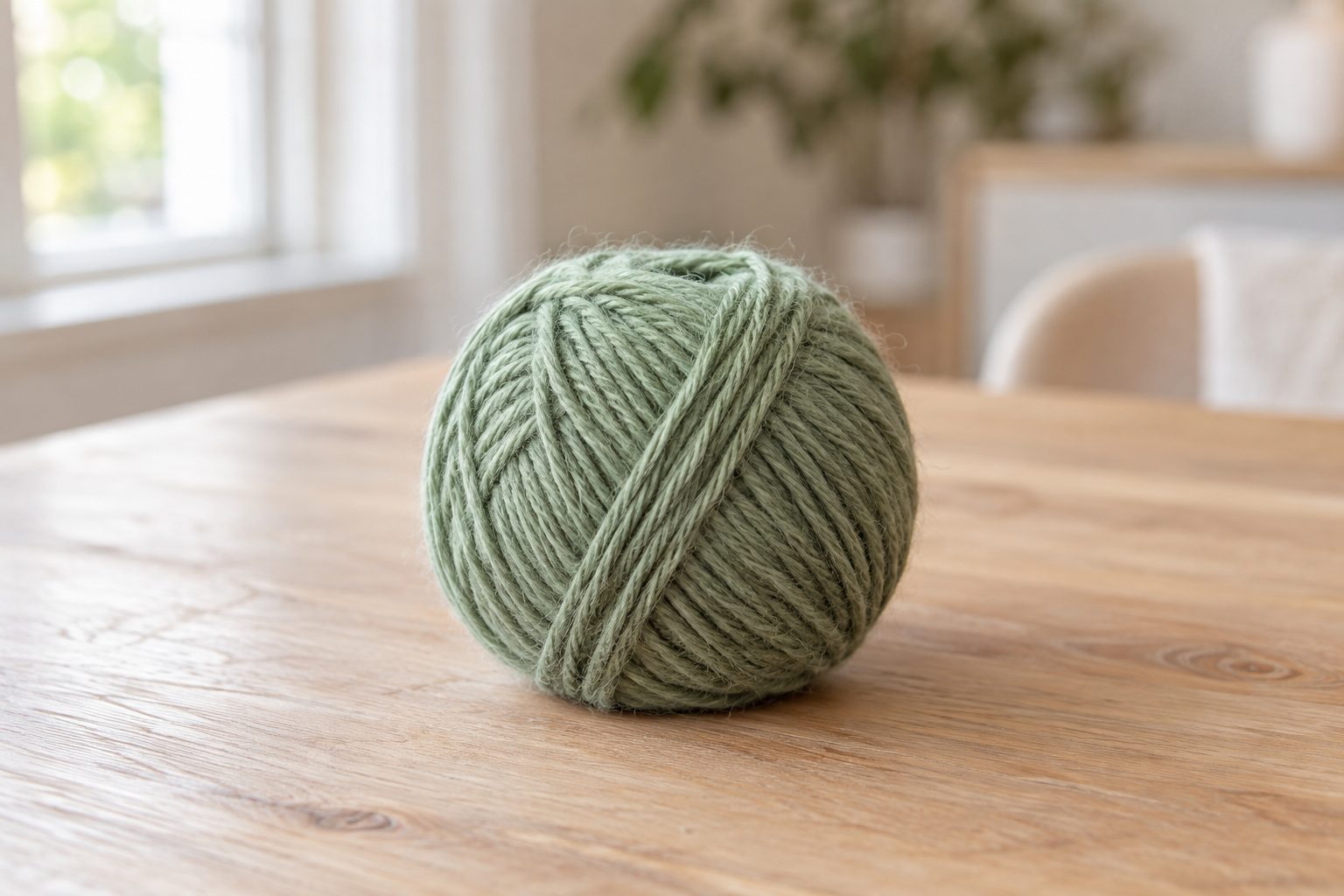 Lo stesso gomitolo verde salvia alla luce del giorno con il suo colore reale