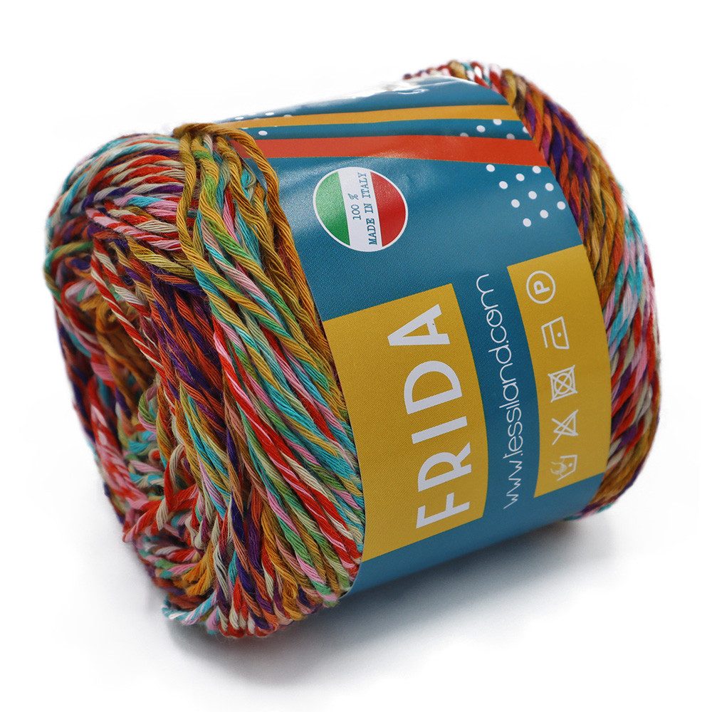 Gomitolo Frida di Tessiland multicolore fotografato su fondo bianco