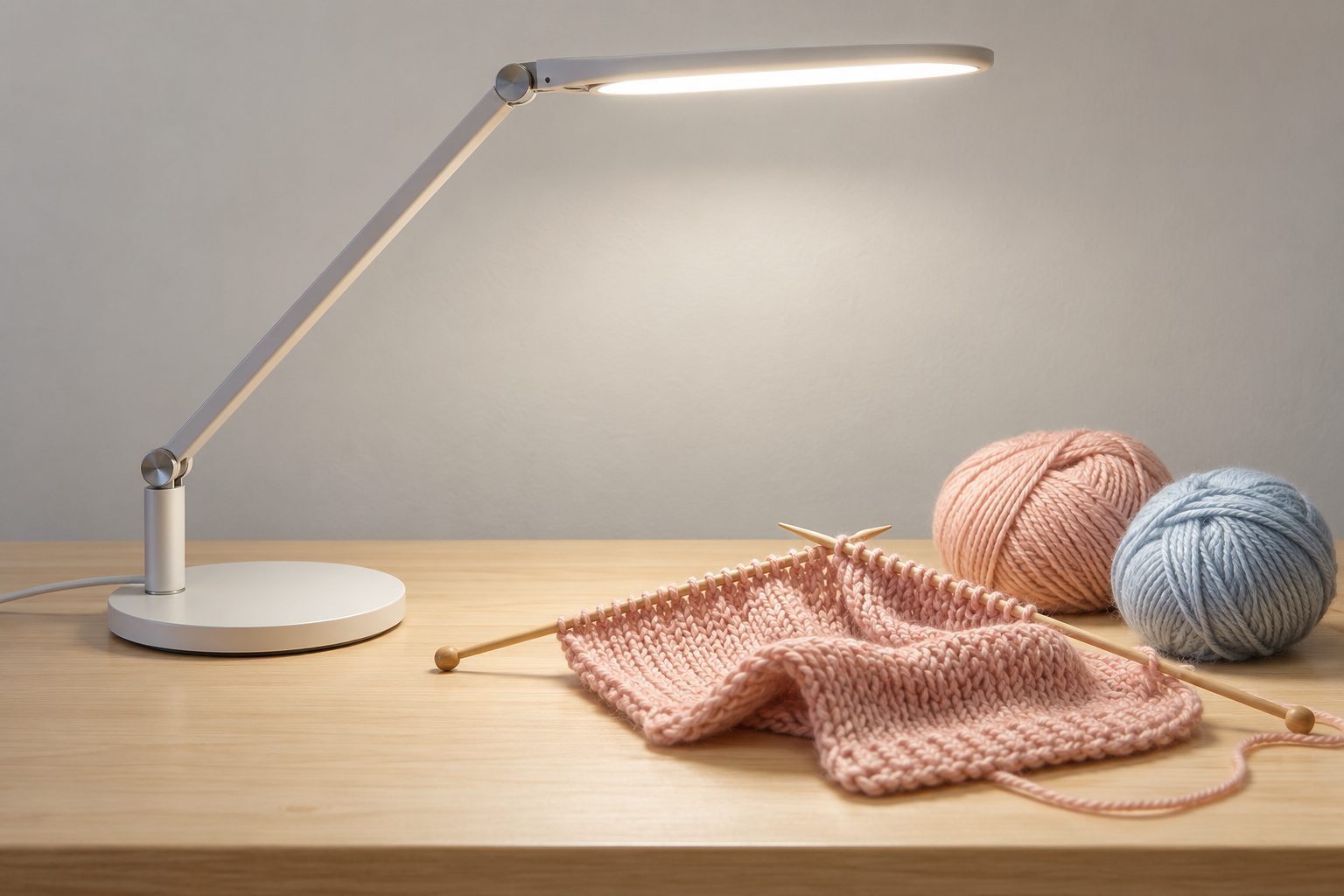 Lampada da tavolo a braccio orientabile con luce neutra su un lavoro a maglia rosa e gomitoli