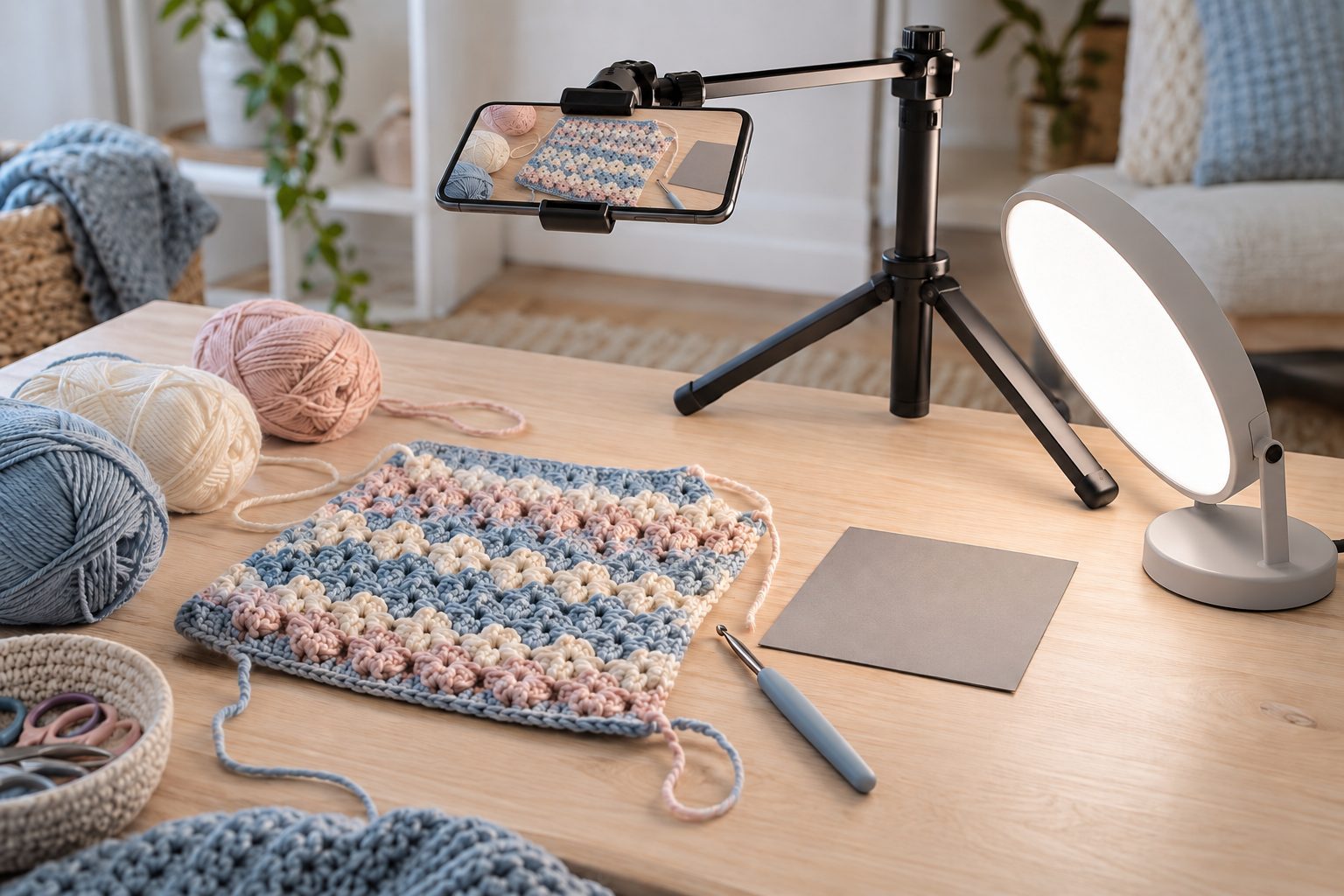 Set fotografico con smartphone su treppiede, lampada laterale, lavoro all'uncinetto e cartoncino grigio di riferimento