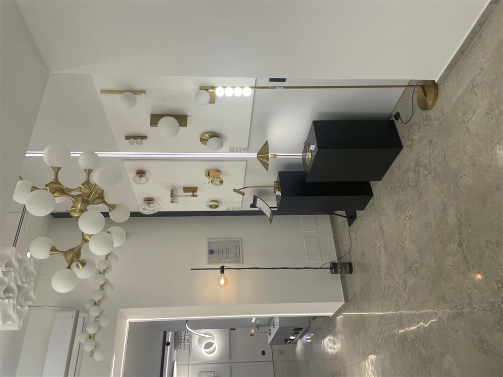 Esposizione con lampade da scrivania moderne e pannelli con applique minimal